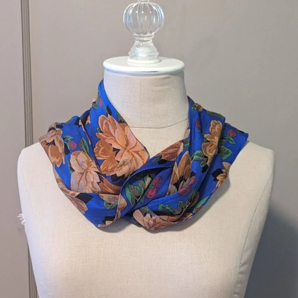 Vintage Skinny Silk Echo Scarf Floral Flowey Cottage Core Boho 80’s‎ 90’s